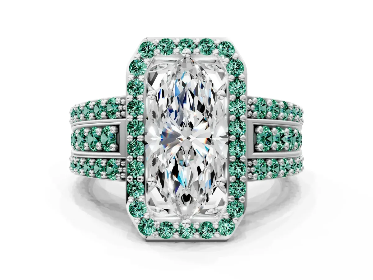 Marquise Cut Halo Diamond Ring with Round Green Sapphire Split Shank and Prong Setting Silver