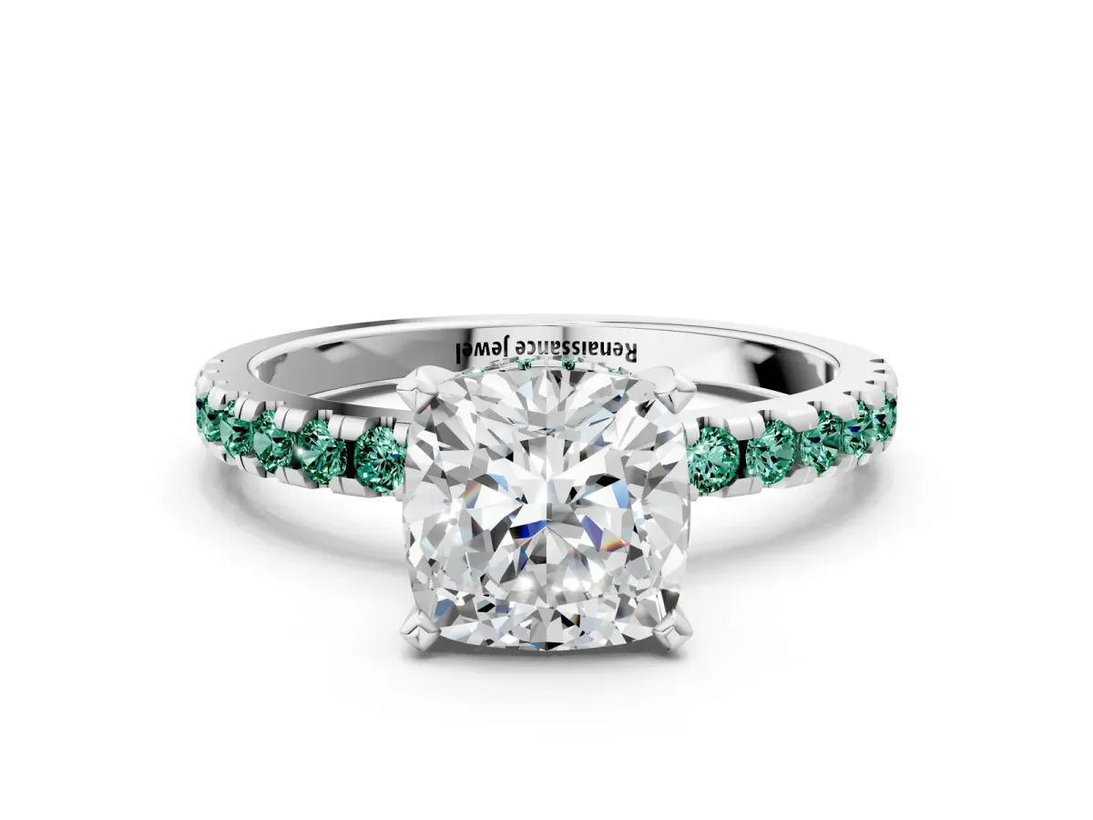 Cushion Cut Diamond Solitaire Ring with Round Green Sapphire Pavé Band and Four-Prong Setting Silver