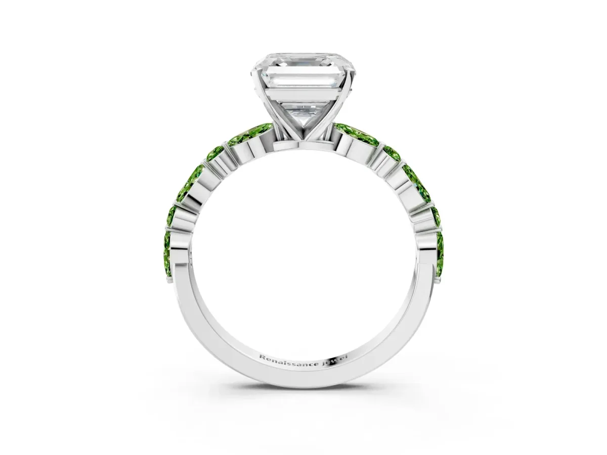 Asscher Cut Diamond Ring with Marquise and Round Peridot Side Stones and Four-Prong Setting Platinum