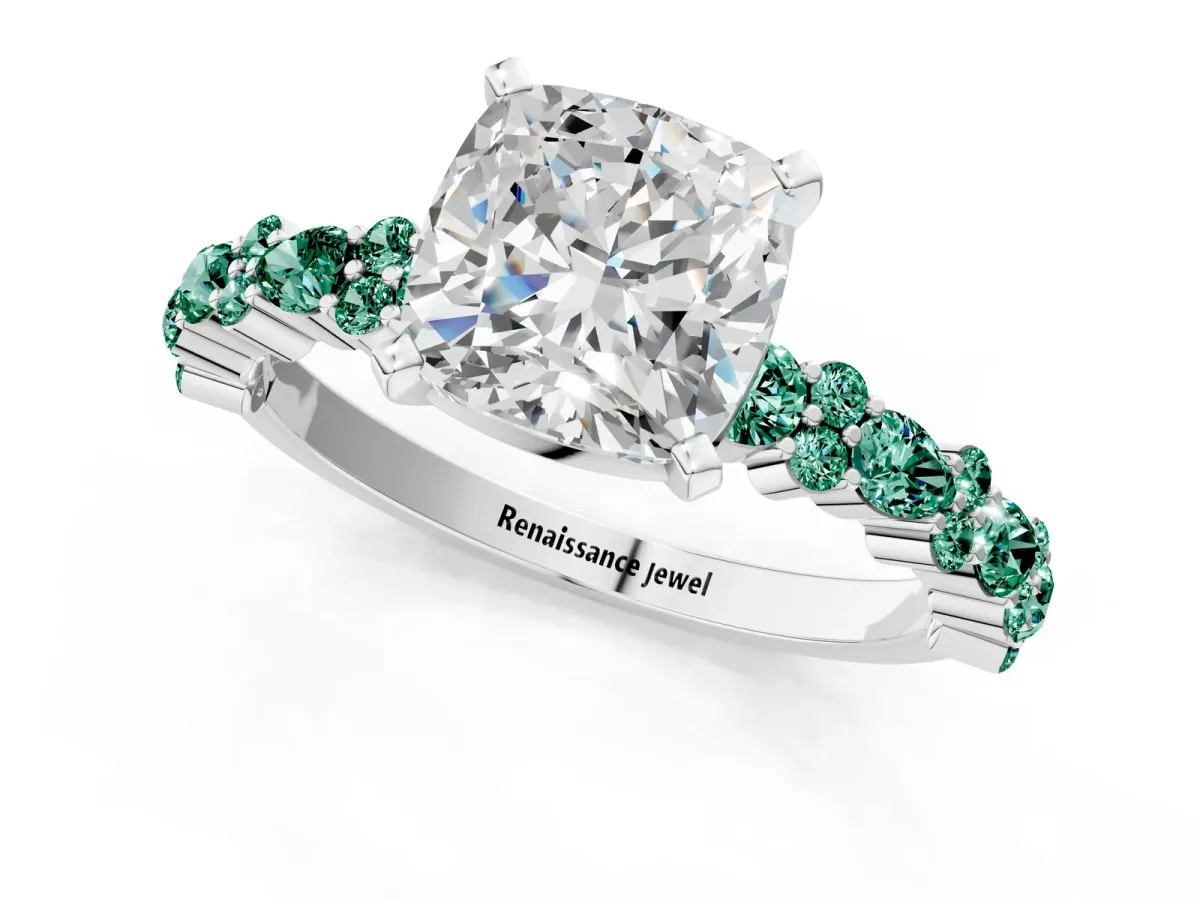 Cushion Cut Diamond Side Stone Solitaire Ring with Round Green Sapphire and Four-Prong Setting Platinum