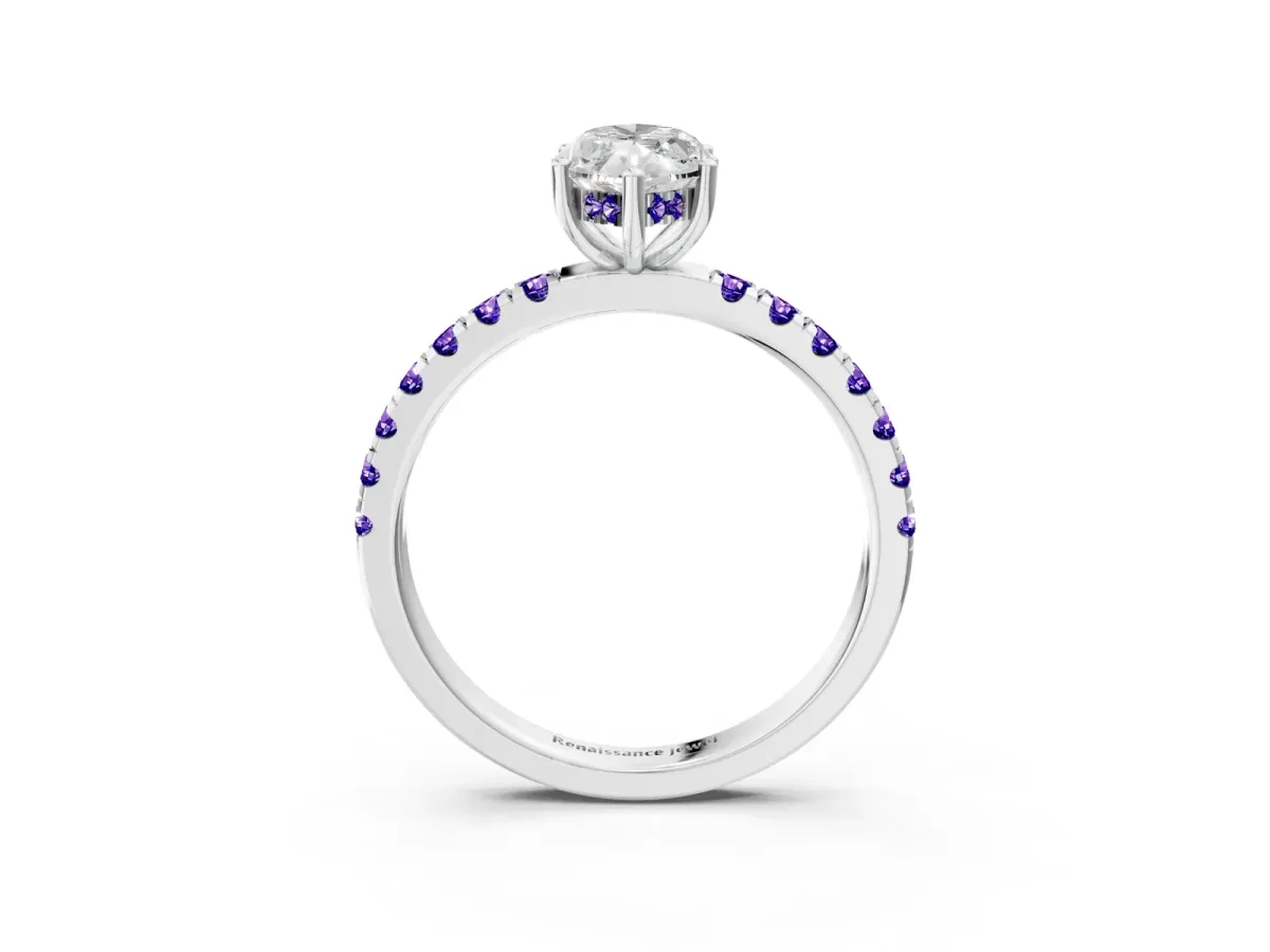 Marquise Cut Diamond Pave Band Solitaire Ring with Round Tanzanite and Prong Setting White gold