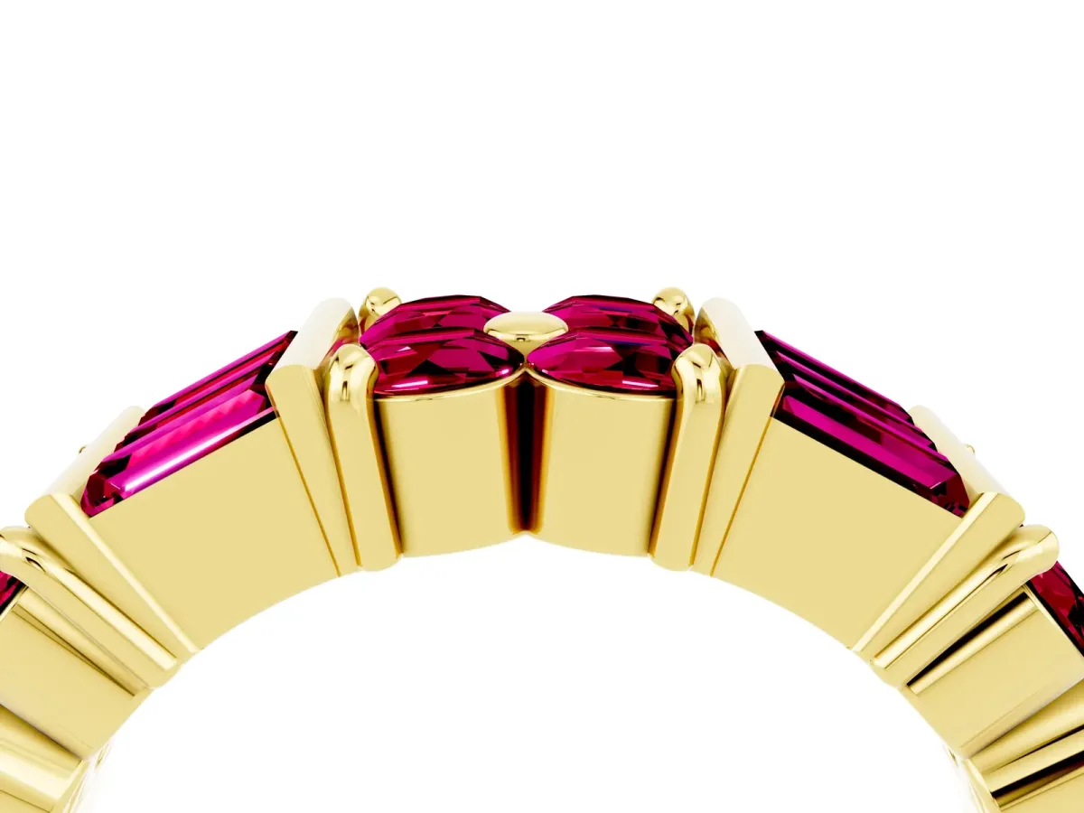 Channel Set Round and Baguette Garnet Anniversary Band with Prong Setting Yellow gold