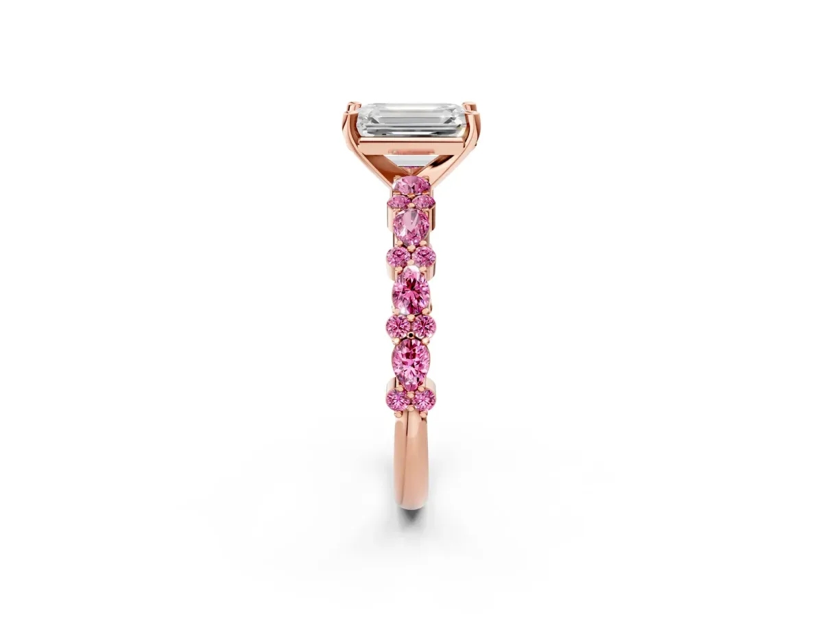 Emerald Cut Diamond Side Stone Solitaire Ring with Round Pink Sapphire and Four-Prong Setting Rose gold