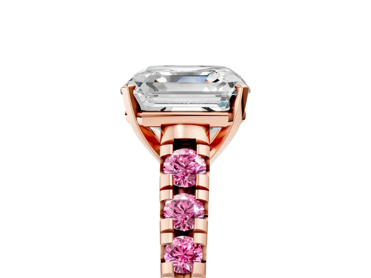 Asscher Cut Diamond Cathedral Solitaire Ring with Round Pink Sapphire Pavé Band Rose gold