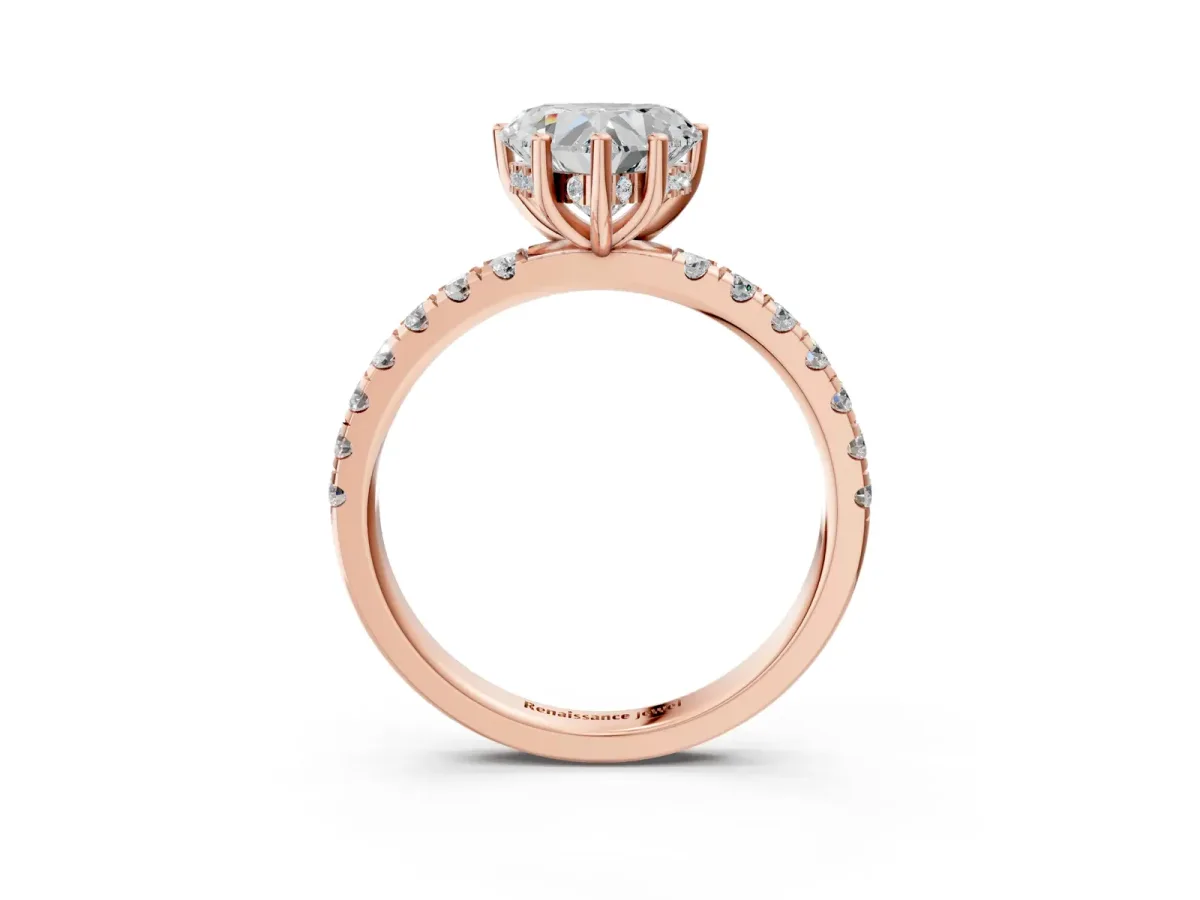 Heart Cut Diamond Pave Band Solitaire Ring with Round and Prong Setting Rose gold