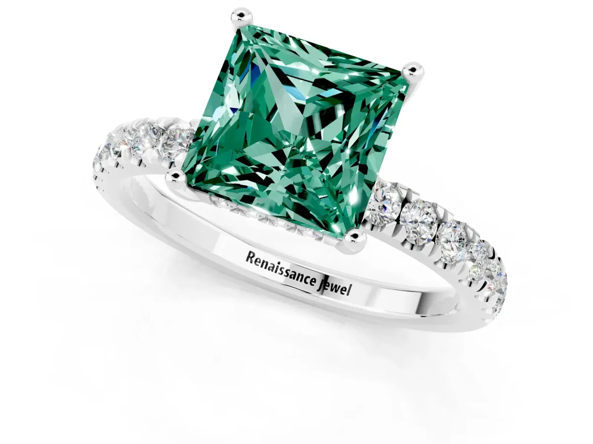 Princess Cut Green Sapphire Pave Band Solitaire Ring with Round and Prong Setting Platinum