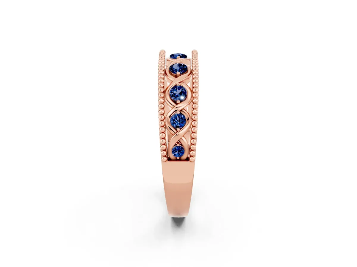 Round Blue Sapphire Twist Milgrain Band with Bezel Setting Rose gold