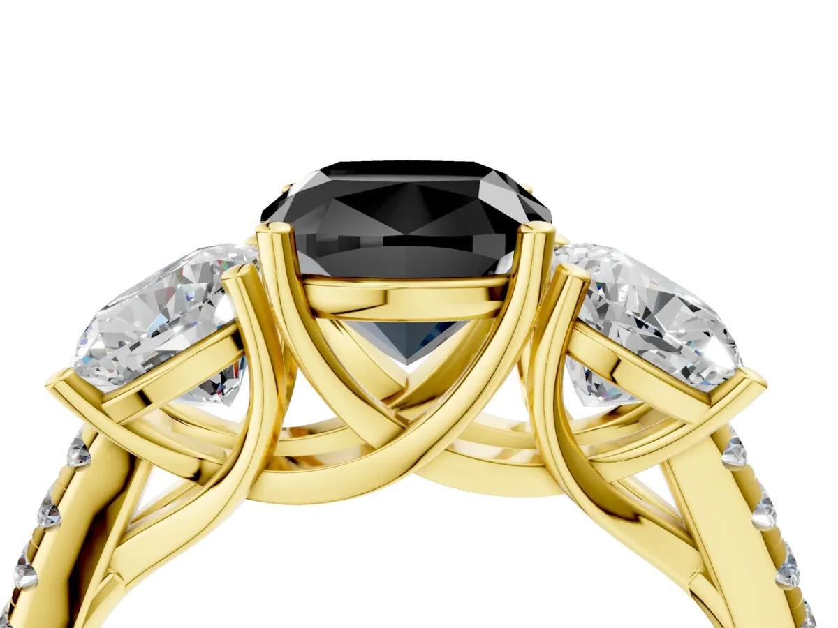 Fancy Black Three-Stone Cushion Cut Diamond Ring with Round Pavé Band and Prong Setting Yellow gold