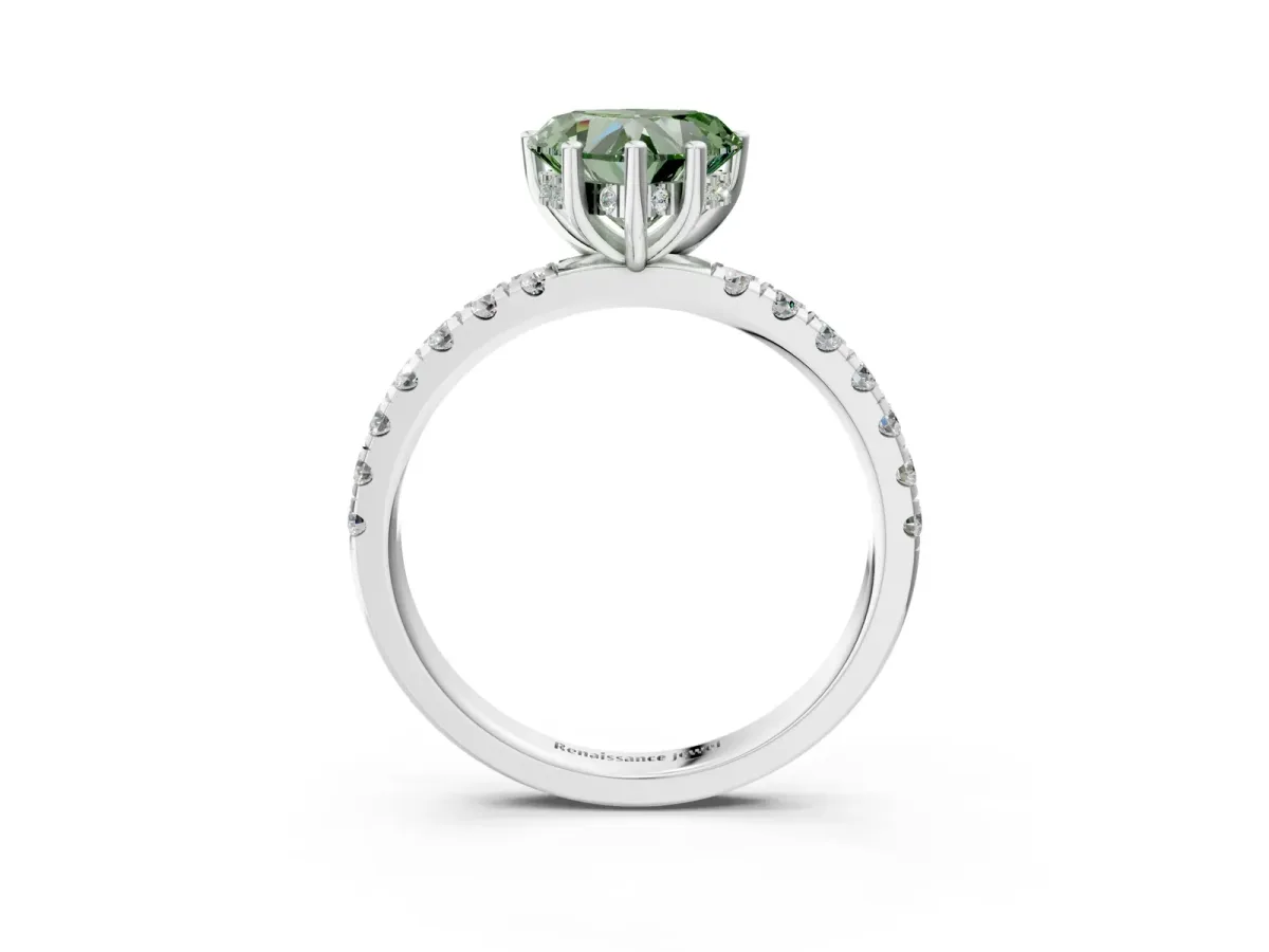 Fancy Green Heart Cut Diamond Pave Band Solitaire Ring with Round and Prong Setting Platinum