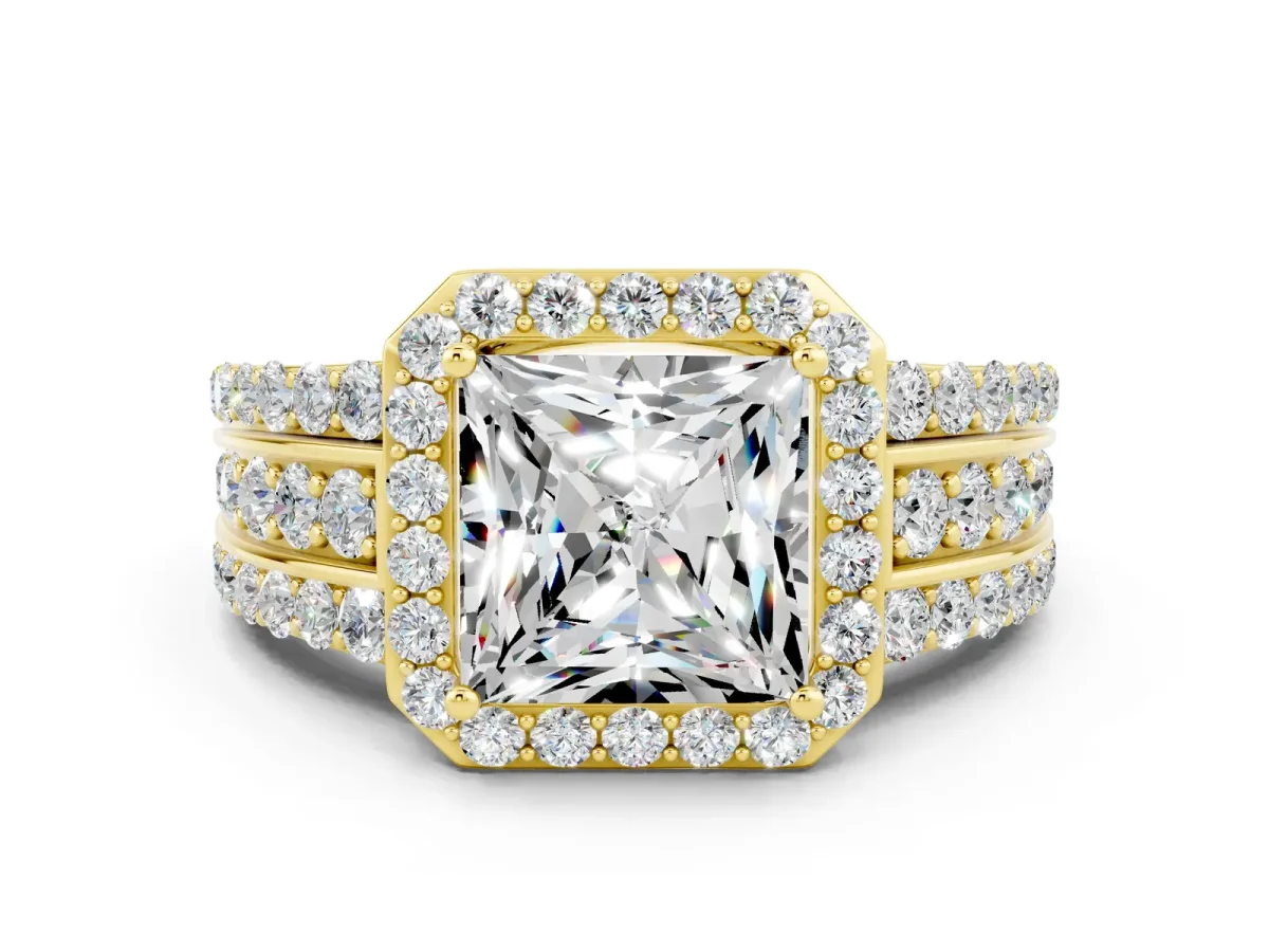 Princess Cut Halo Moissanite Ring with Round Split Shank and Prong Setting Yellow gold