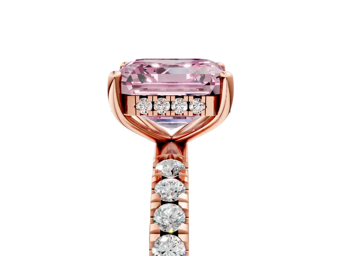 Fancy Pink Asscher Cut Diamond Pave Band Solitaire Ring with Round and Prong Setting Rose gold