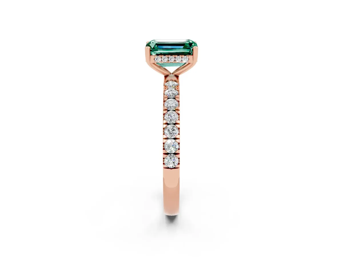Emerald Cut Green Sapphire Pave Band Solitaire Ring with Round and Prong Setting Rose gold