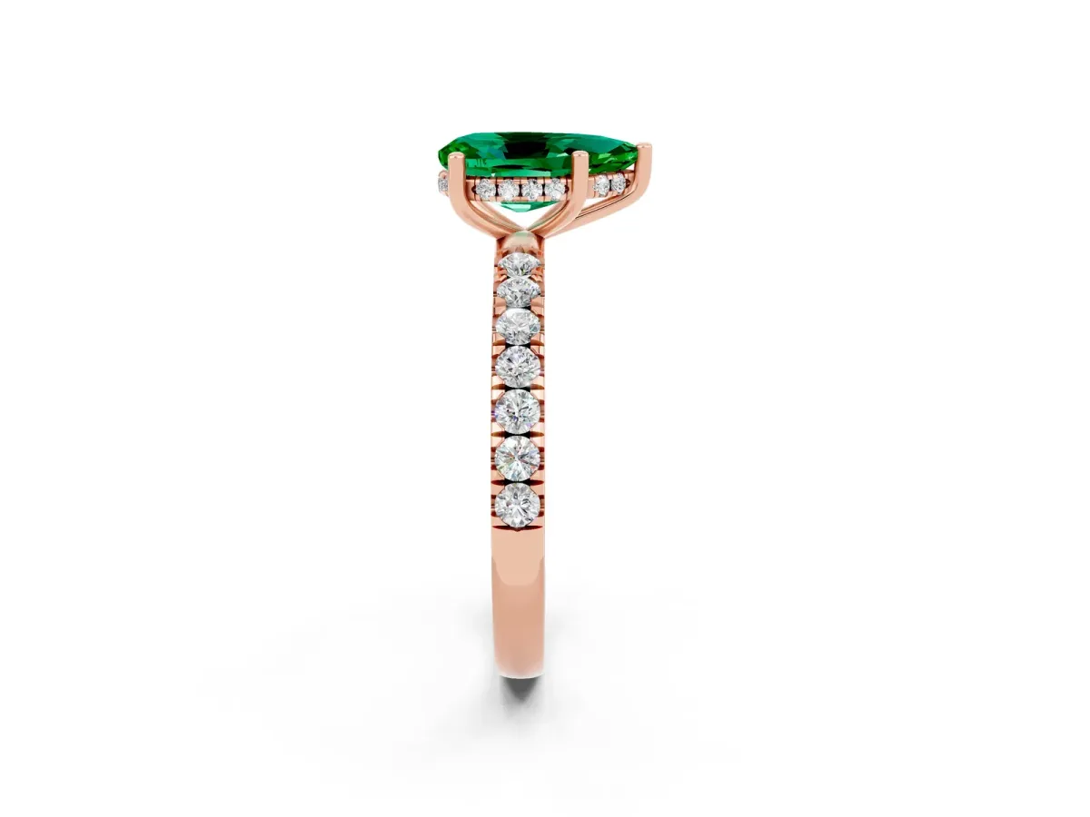 Pear Cut Emerald Pave Band Solitaire Ring with Round and Prong Setting Rose gold