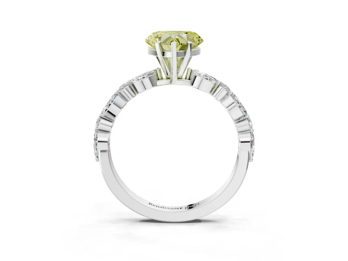 Fancy Yellow Heart Cut Diamond Ring with Marquise and Round Side Stones and Four-Prong Setting Silver
