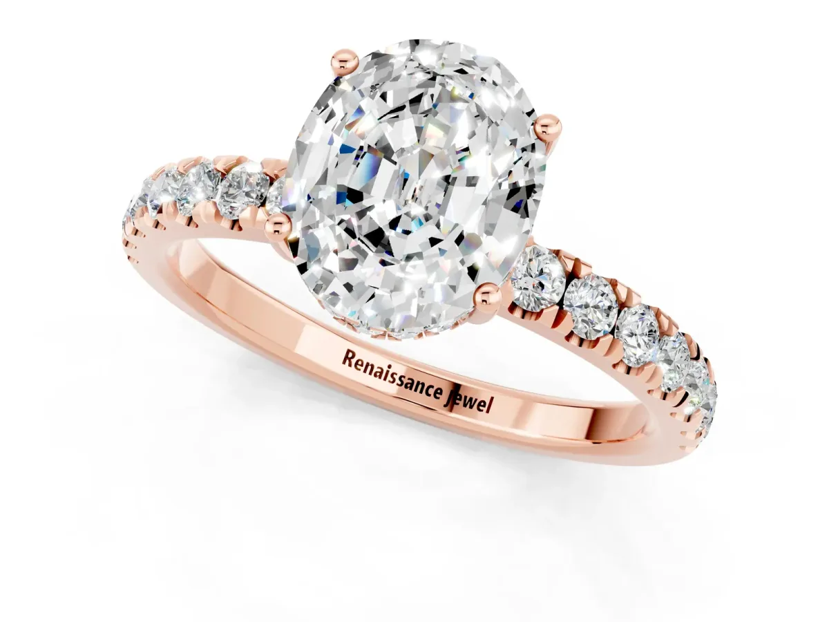 Oval Cut Moissanite Pave Band Solitaire Ring with Round and Prong Setting Rose gold