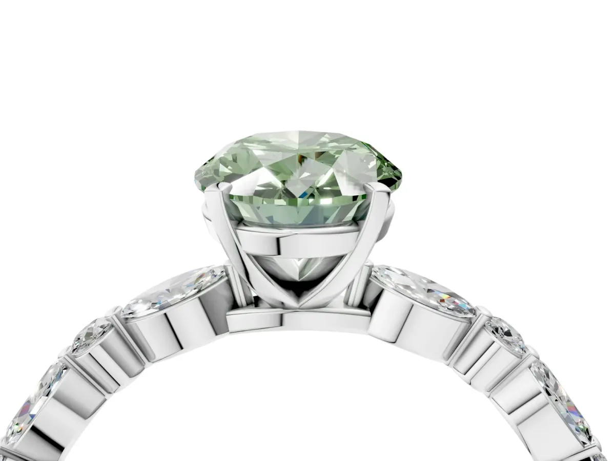 Fancy Green Oval Cut Diamond Ring with Marquise and Round Side Stones and Four-Prong Setting Platinum