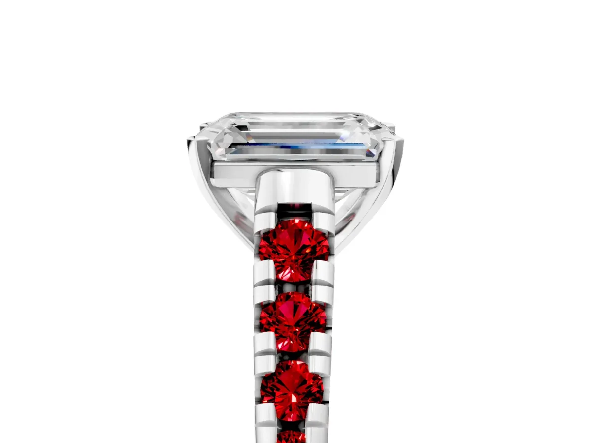 Emerald Cut Diamond Cathedral Solitaire Ring with Round Ruby Pavé Band White gold