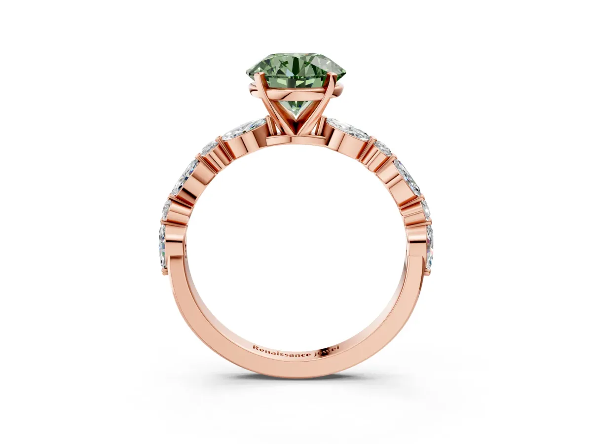 Fancy Green Round Cut Diamond Ring with Marquise and Round Side Stones and Four-Prong Setting Rose gold