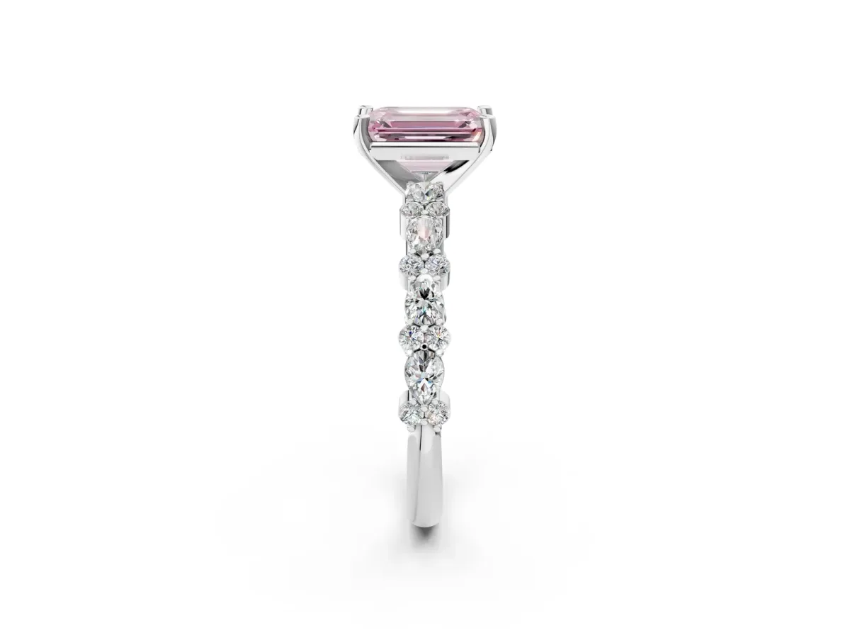 Fancy Pink Emerald Cut Diamond Side Stone Solitaire Ring with Round and Four-Prong Setting White gold
