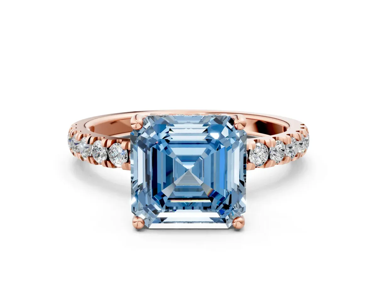 Fancy Blue Asscher Cut Diamond Pave Band Solitaire Ring with Round and Prong Setting Rose gold