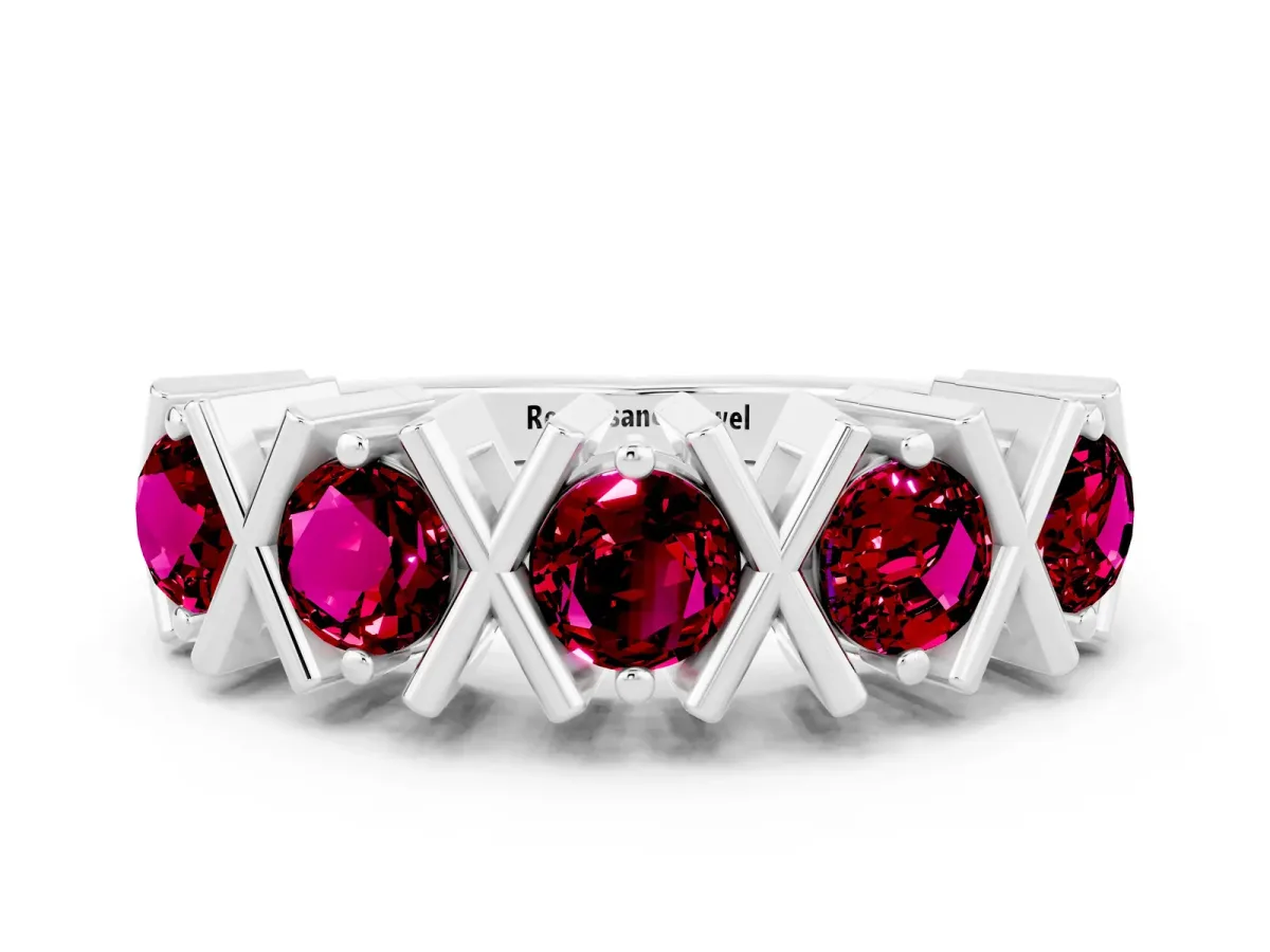 Round Garnet Channel Set Band with X-Prong Detail Silver
