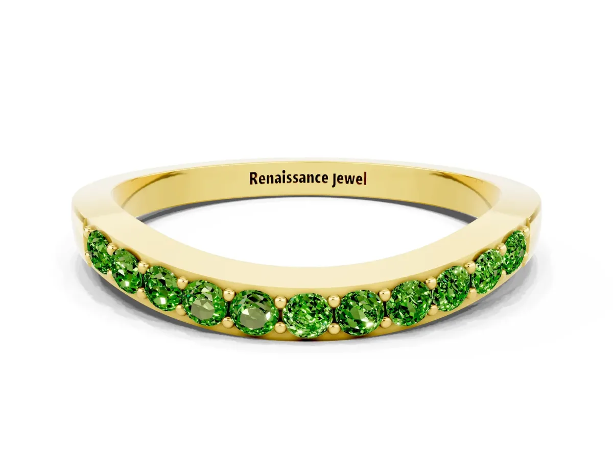 Round Peridot Curved Wedding Band with Channel Setting Yellow gold