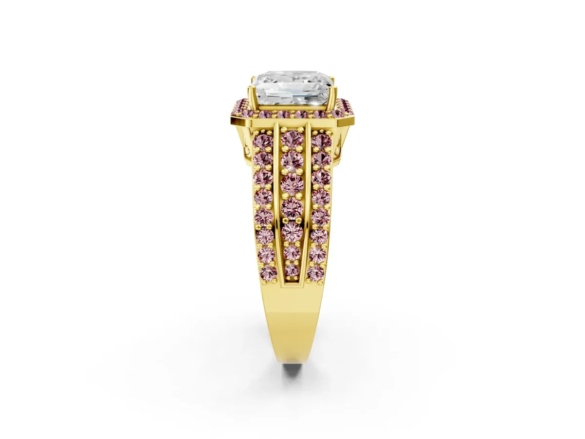 Princess Cut Halo Diamond Ring with Round Morganite Split Shank and Prong Setting Yellow gold