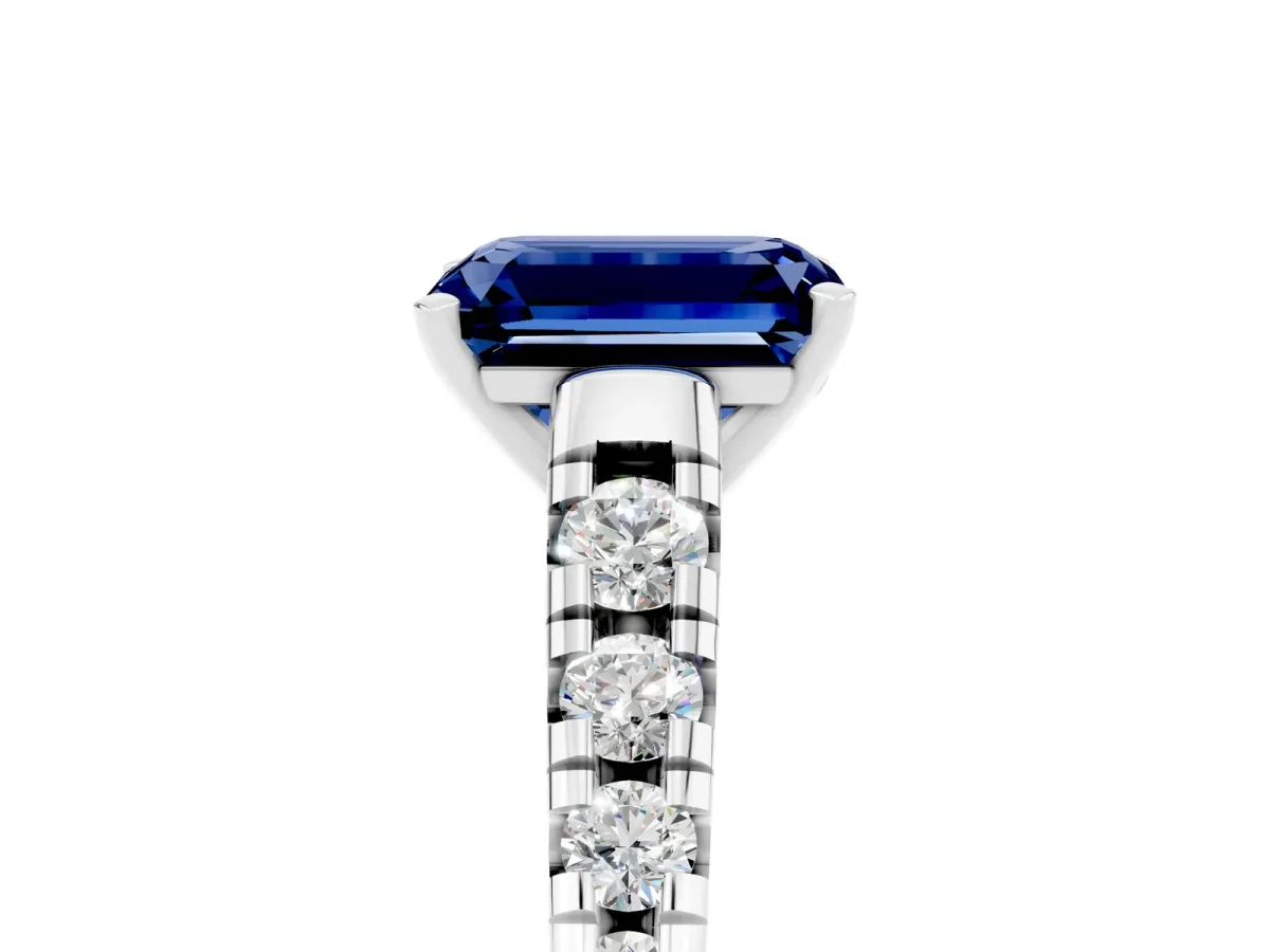 Emerald Cut Blue Sapphire Cathedral Solitaire Ring with Round Pavé Band Platinum
