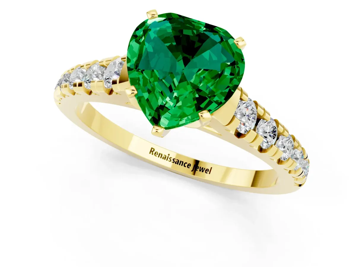Heart Cut Emerald Cathedral Solitaire Ring with Round Pavé Band Yellow gold