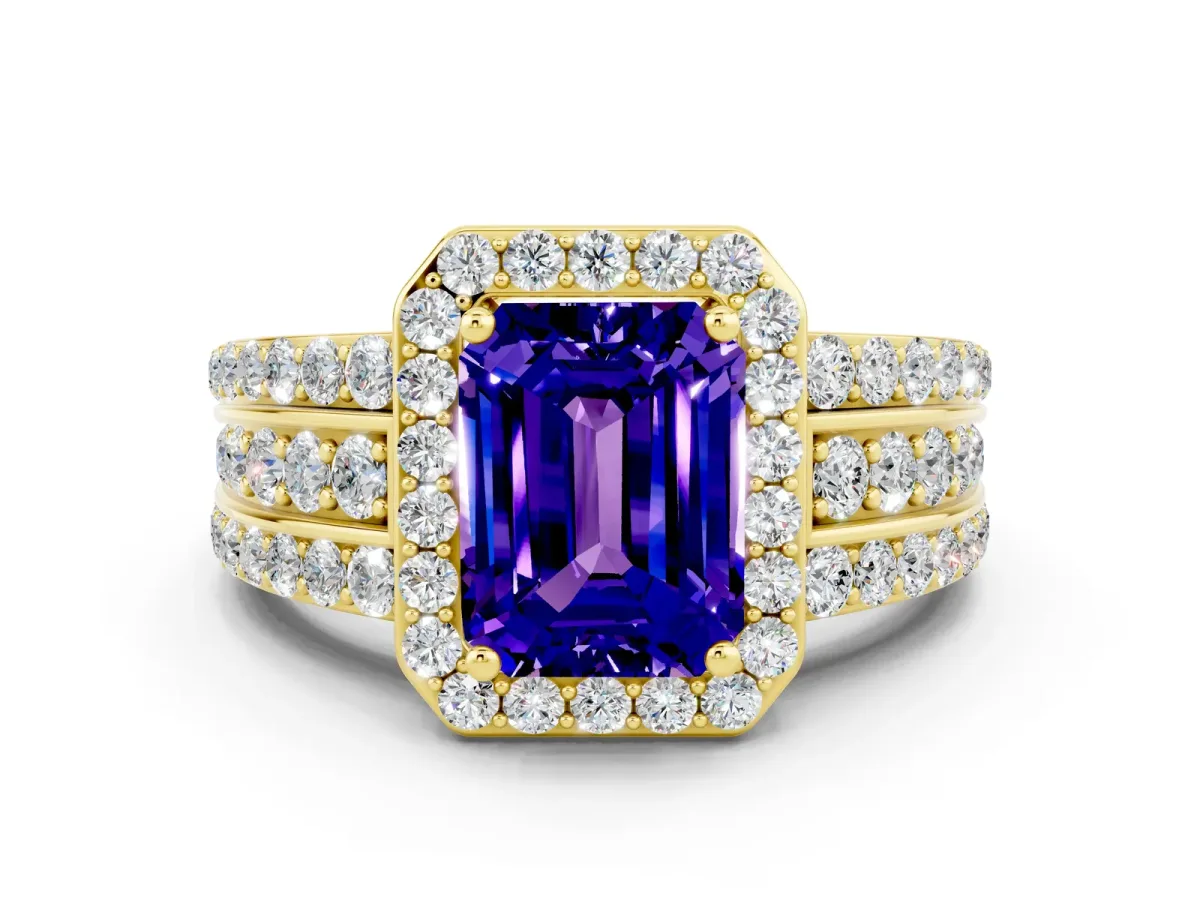 Emerald Cut Halo Tanzanite Ring with Round Split Shank and Prong Setting Yellow gold