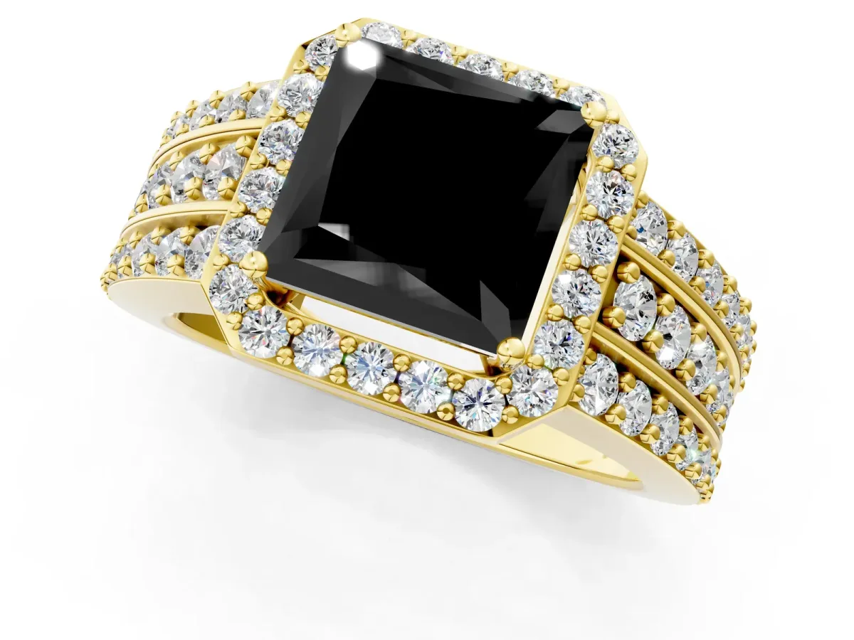 Fancy Black Princess Cut Halo Diamond Ring with Round Split Shank and Prong Setting Yellow gold