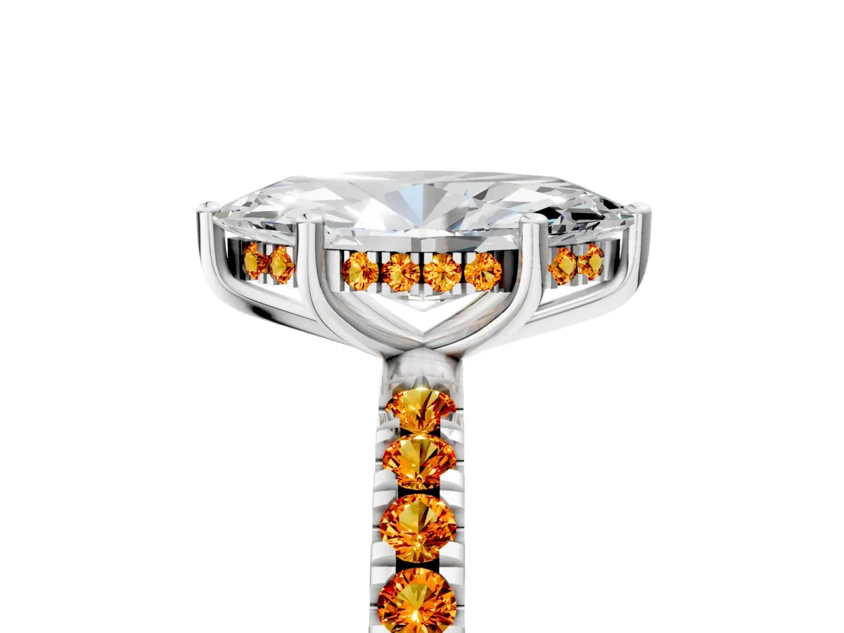 Marquise Cut Diamond Pave Band Solitaire Ring with Round Citrine and Prong Setting Platinum