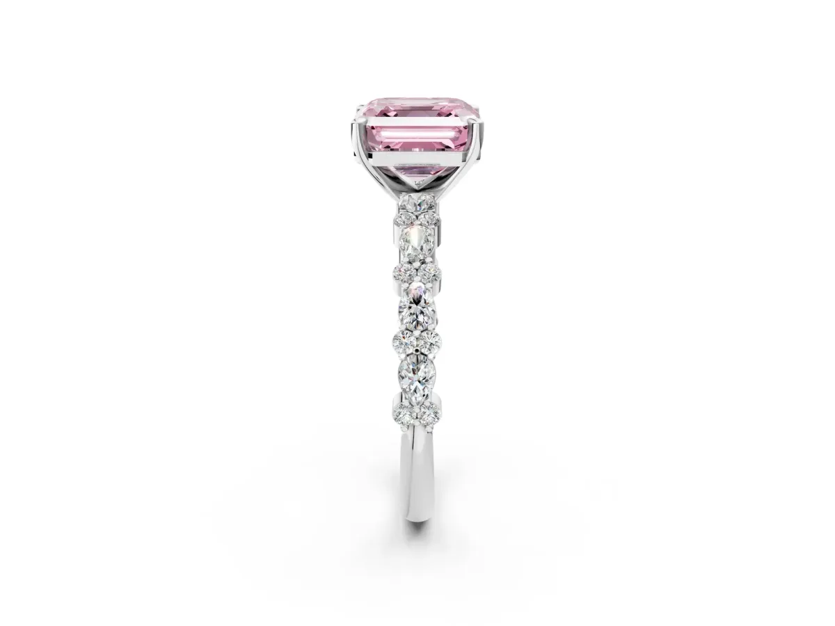Fancy Pink Asscher Cut Diamond Side Stone Solitaire Ring with Round and Four-Prong Setting Platinum