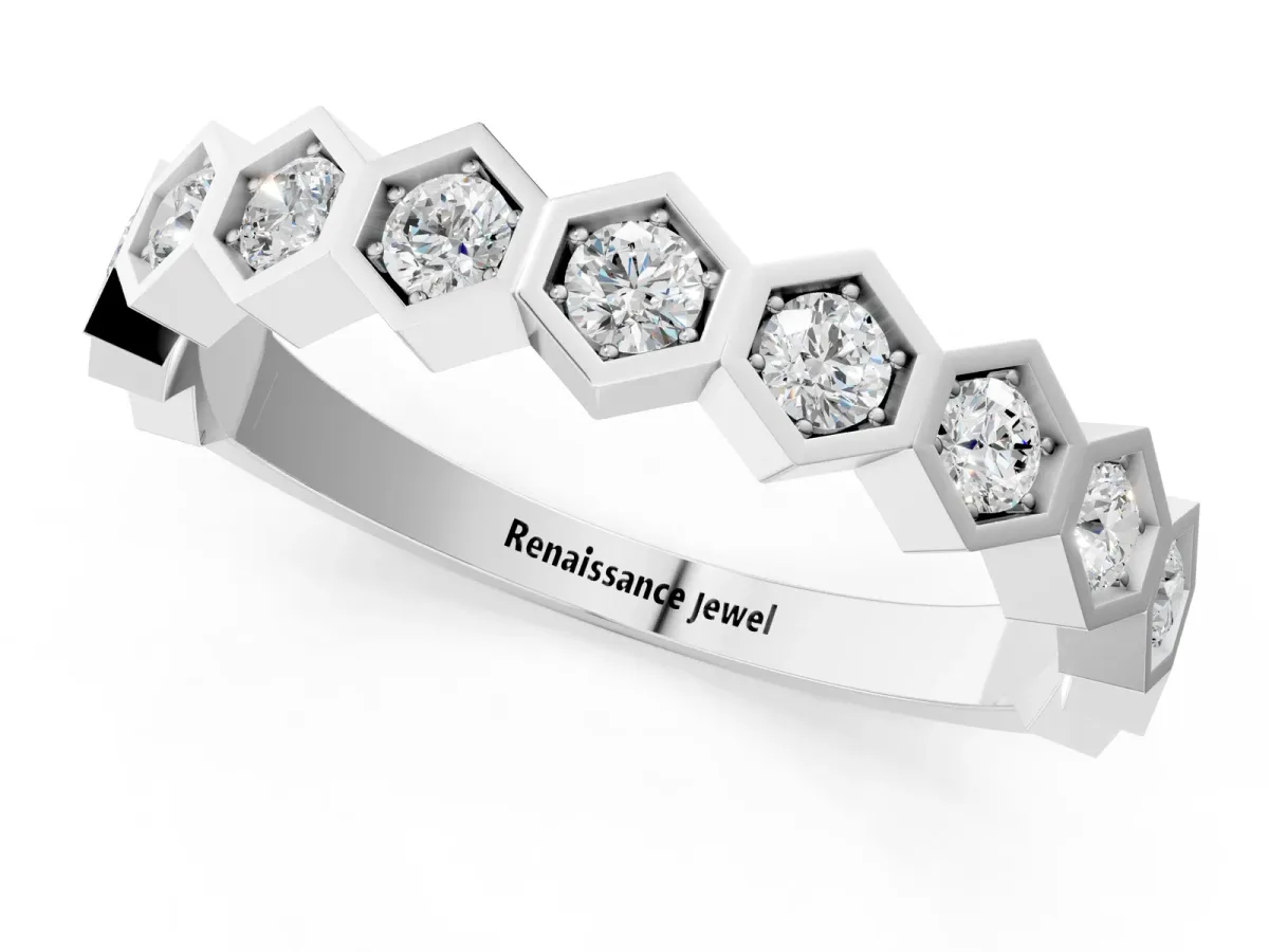 Hexagon Pave Diamond Eternity Band with Bezel Setting Platinum