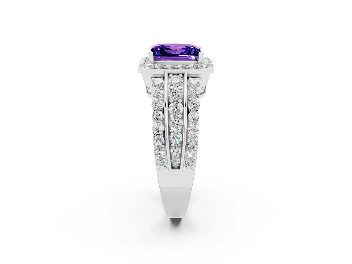 Princess Cut Halo Tanzanite Ring with Round Split Shank and Prong Setting Silver