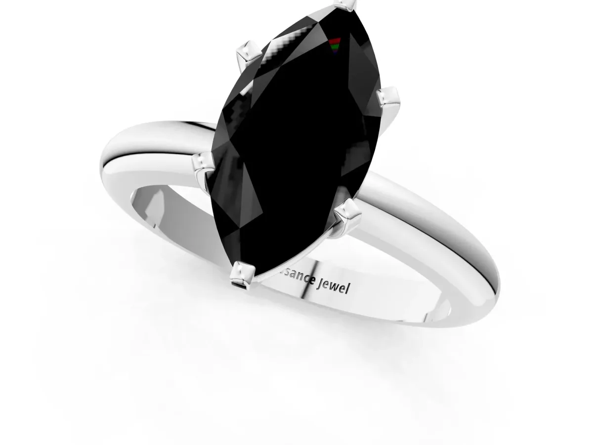 Fancy Black Marquise Cut Diamond Solitaire Engagement Ring with Round Band and Four-Prong Setting Silver