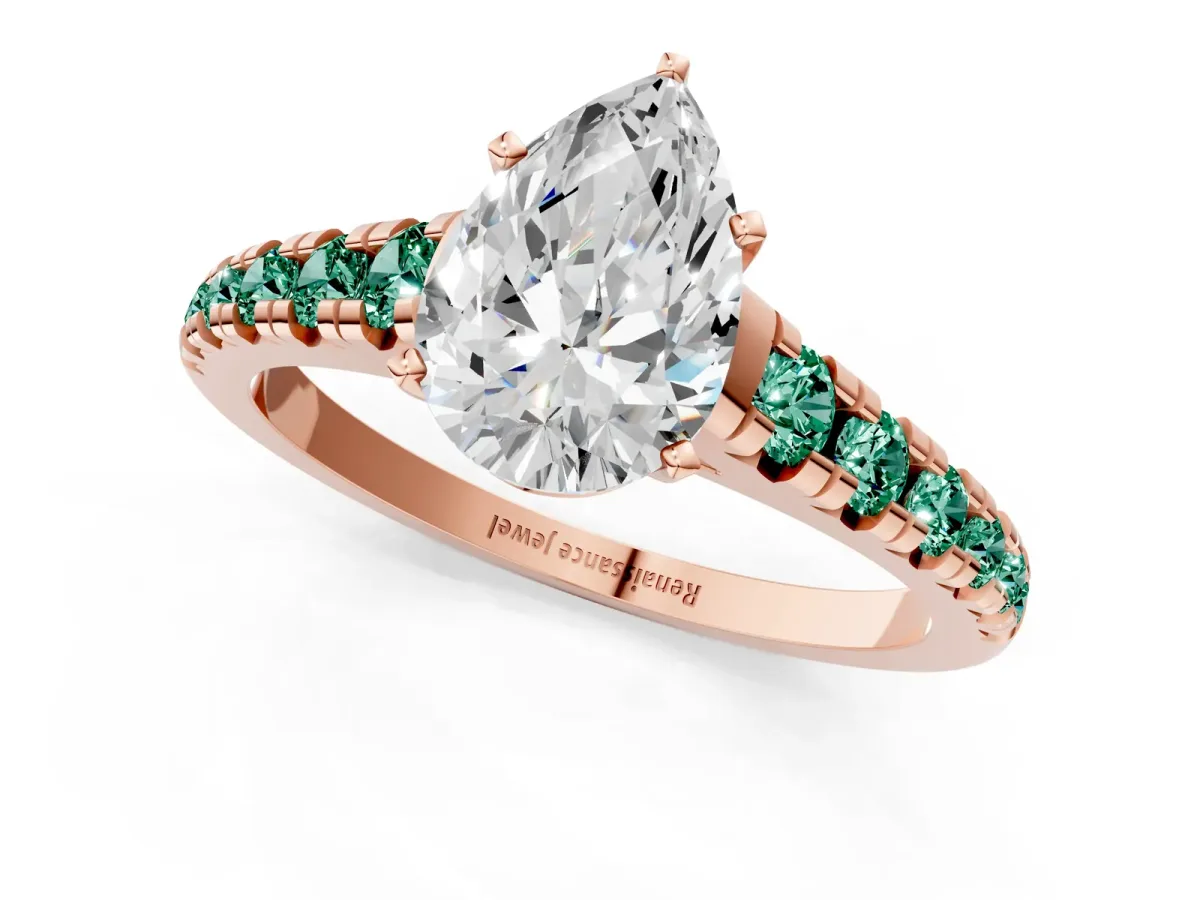 Pear Cut Diamond Cathedral Solitaire Ring with Round Green Sapphire Pavé Band Rose gold