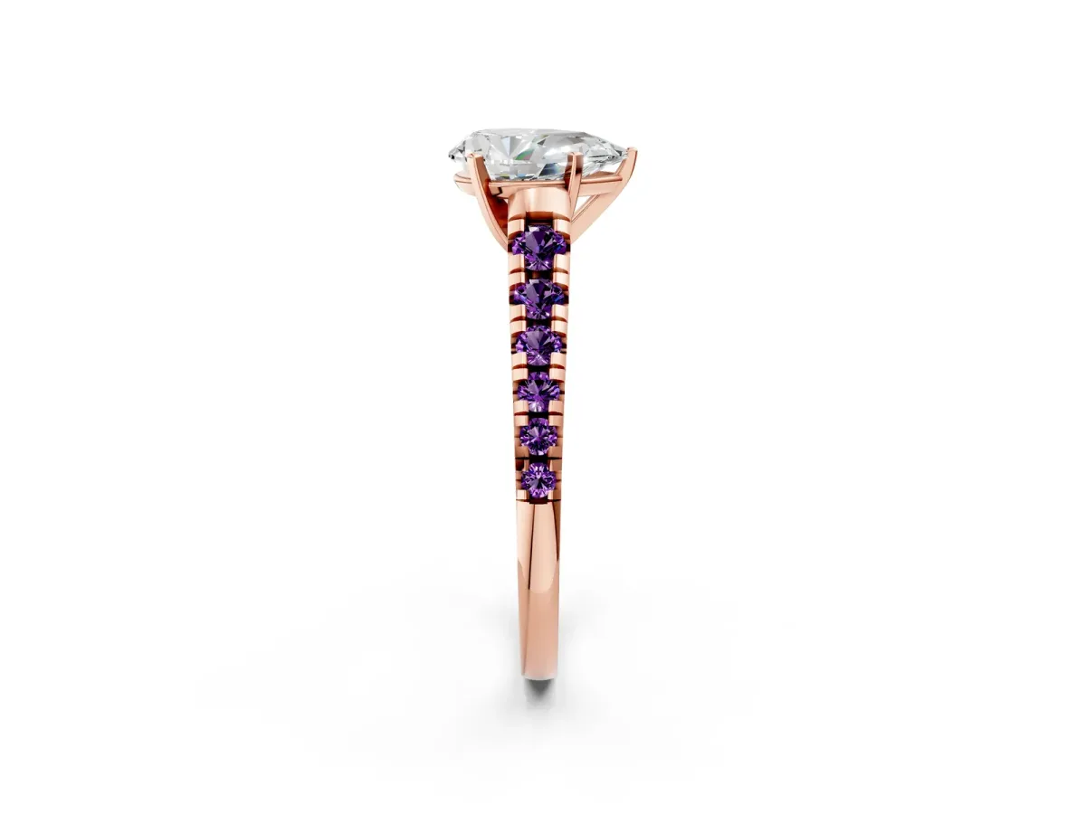Pear Cut Diamond Cathedral Solitaire Ring with Round Amethyst Pavé Band Rose gold