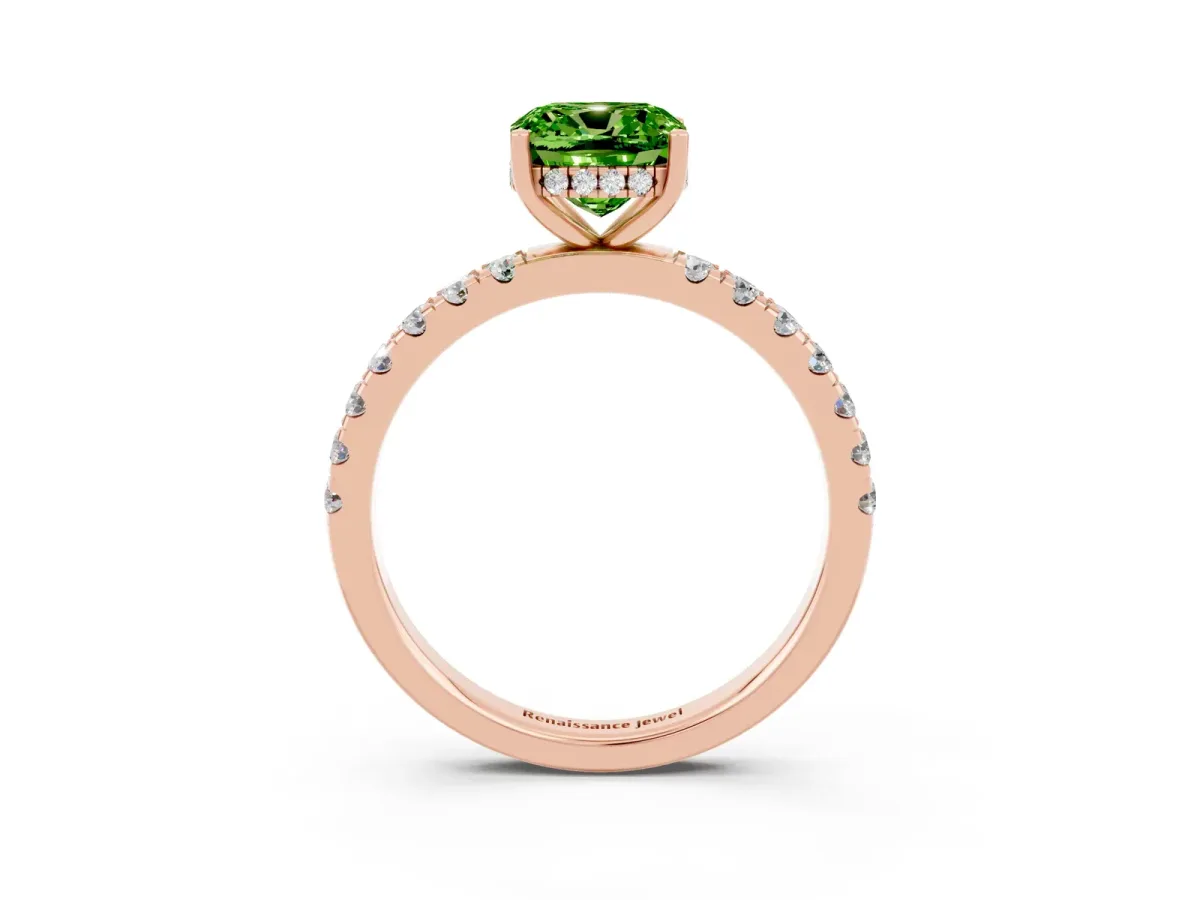 Cushion Cut Peridot Pave Band Solitaire Ring with Round and Prong Setting Rose gold
