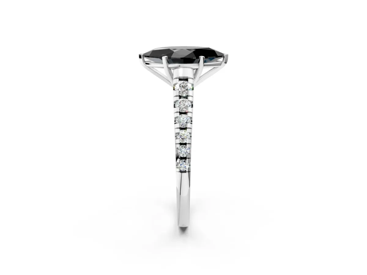 Fancy Black Marquise Cut Diamond Cathedral Solitaire Ring with Round Pavé Band Silver