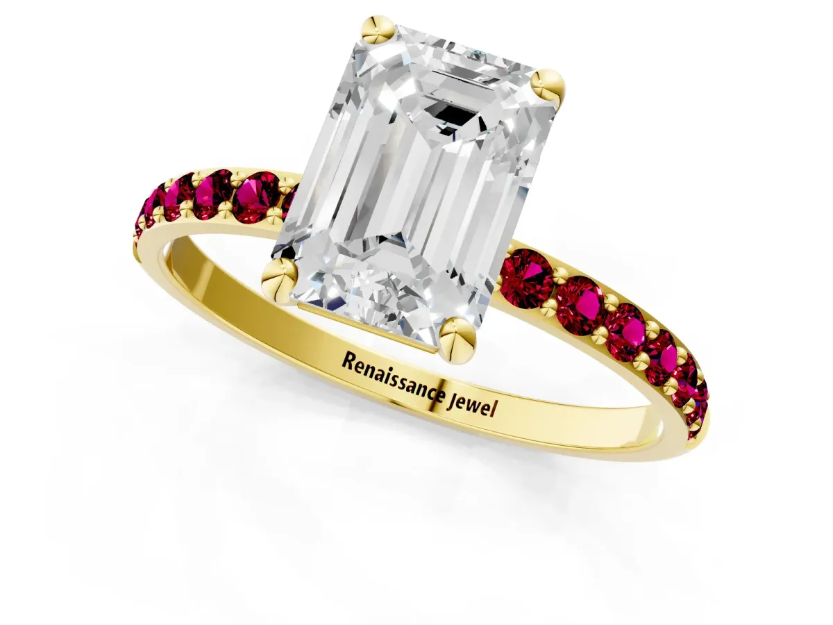 Emerald Cut Diamond Solitaire Ring with Round Garnet Pavé Band and Prong Setting Yellow gold