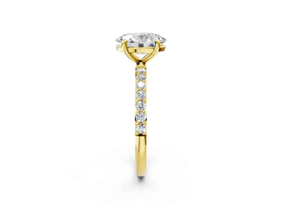 Oval Cut Diamond Solitaire Ring with Round Moissanite Pavé Band and Prong Setting Yellow gold