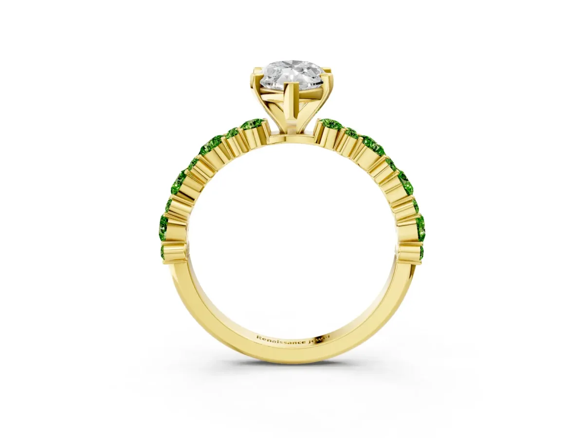 Marquise Cut Diamond Side Stone Solitaire Ring with Round Peridot and Four-Prong Setting Yellow gold
