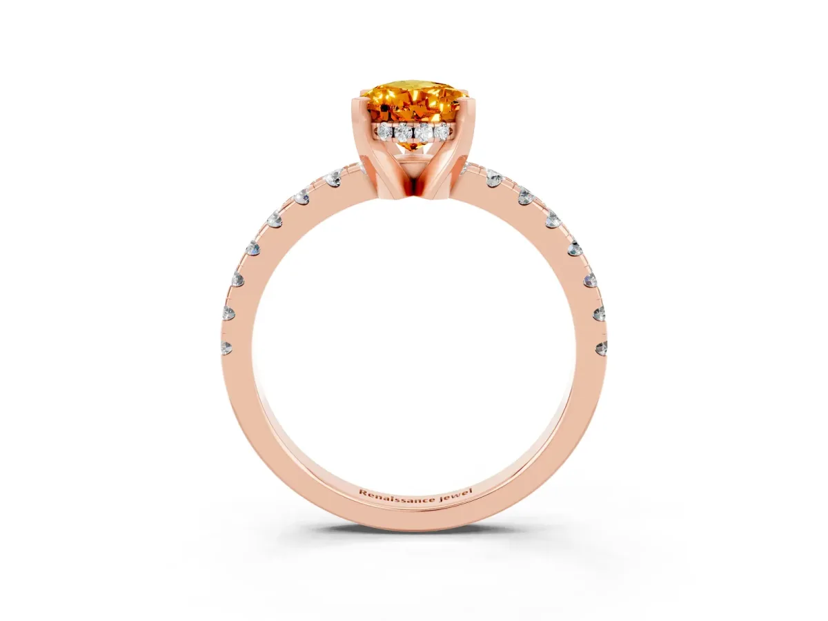 Pear Cut Citrine Solitaire Ring with Round Pavé Band and Four-Prong Setting Rose gold