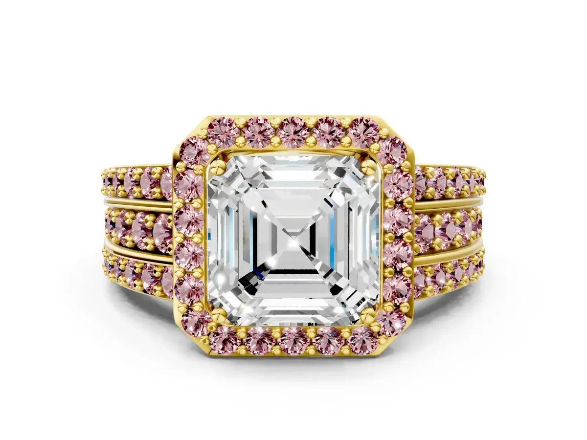 Asscher Cut Halo Diamond Ring with Round Morganite Split Shank and Prong Setting Yellow gold