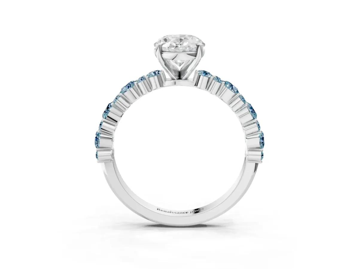 Oval Cut Diamond Side Stone Solitaire Ring with Round Aquamarine and Four-Prong Setting White gold