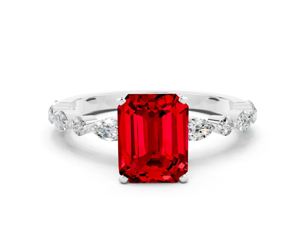 Emerald Cut Ruby Ring with Marquise and Round Side Stones and Four-Prong Setting Silver