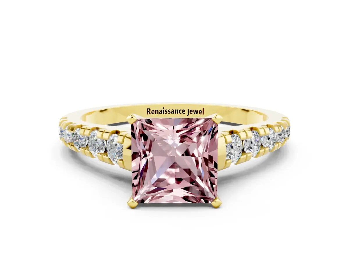 Princess Cut Morganite Cathedral Solitaire Ring with Round Pavé Band Yellow gold