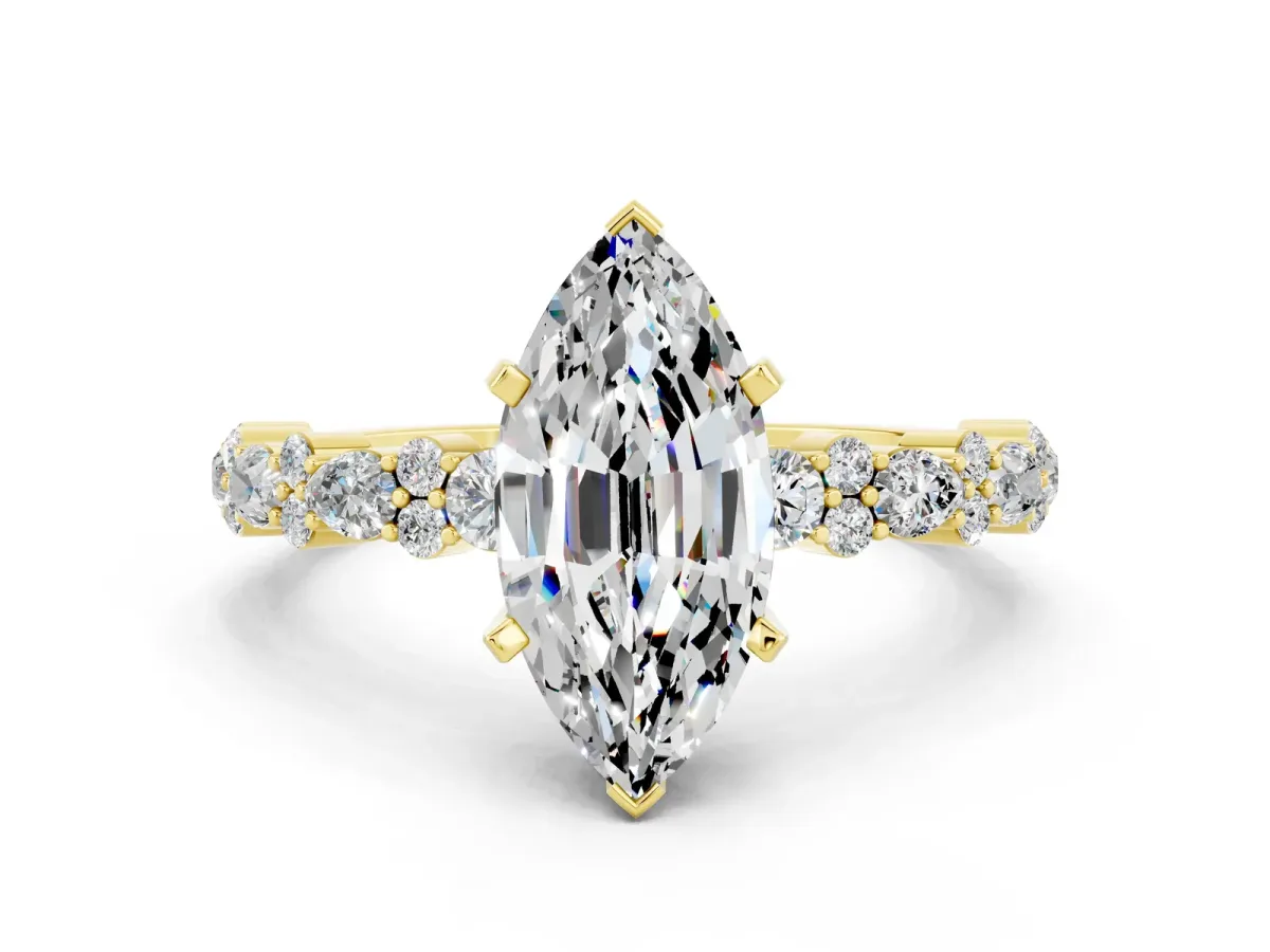 Marquise Cut Moissanite Side Stone Solitaire Ring with Round and Four-Prong Setting Yellow gold