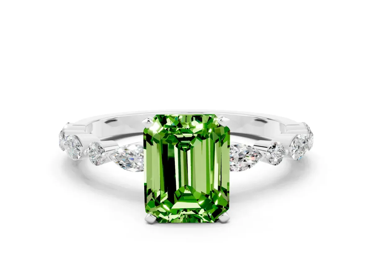 Emerald Cut Peridot Ring with Marquise and Round Side Stones and Four-Prong Setting White gold